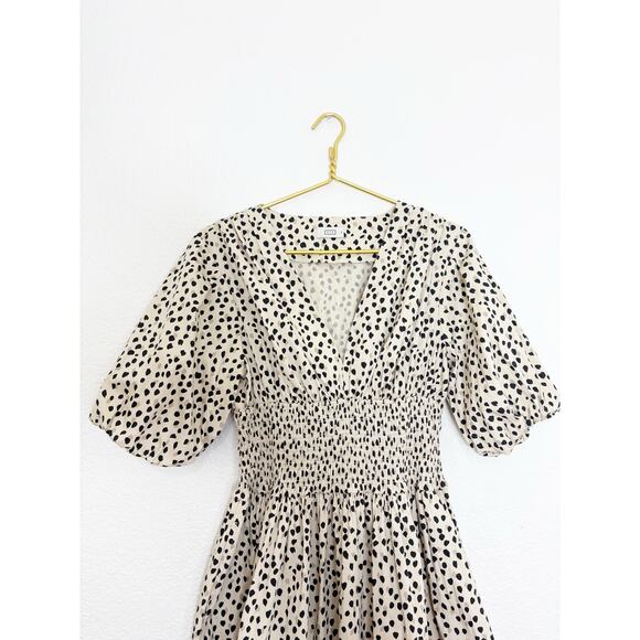 AYR The Extra Extra Smocked Midi Dress Size Medium Spot Animal Print Puff Sleeve - Picture 4 of 14